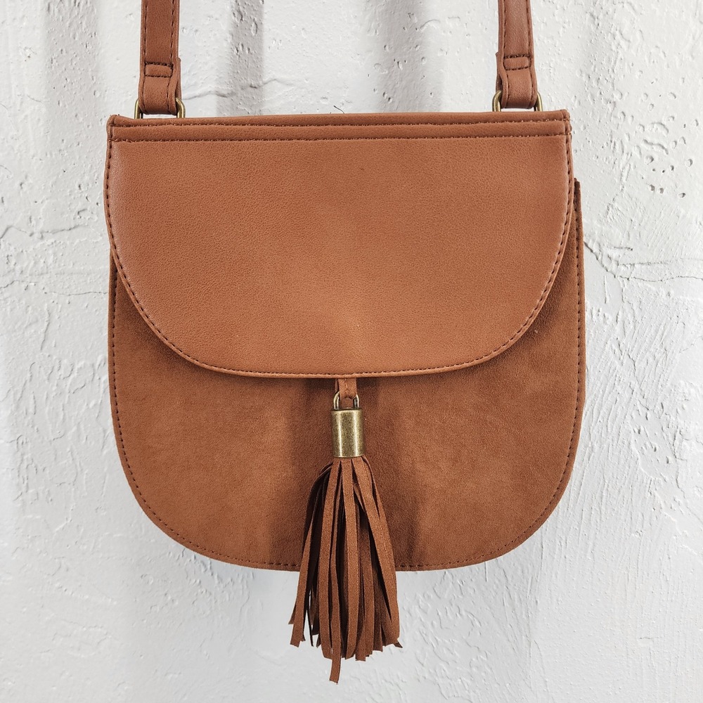 Signature Brown Faux Suede Tassel Saddle Bag Boho Crossbody Women